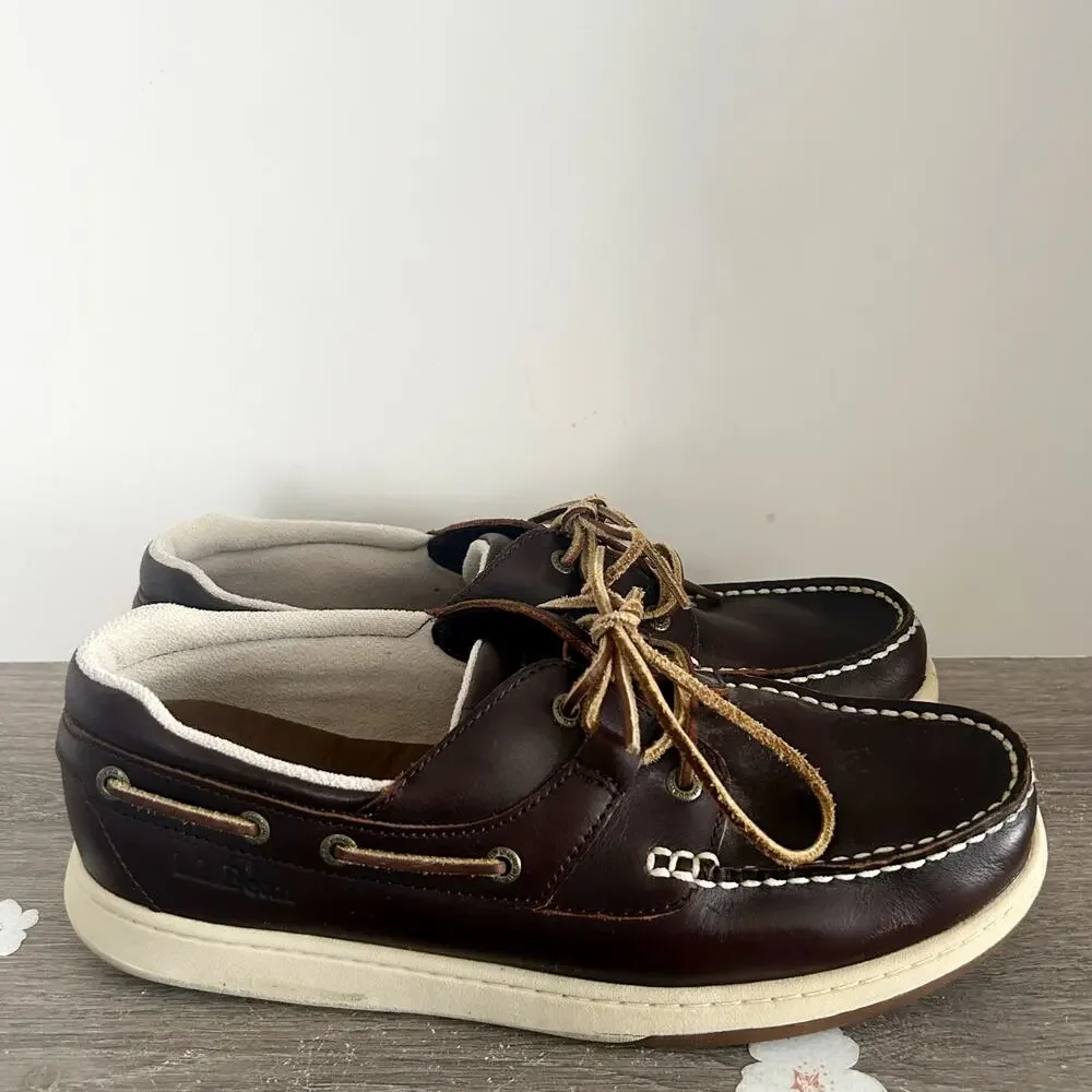 L.L.Bean Mens 10 1/2 W Boat Shoes Leather Dark Brown & Tan Casual EUC